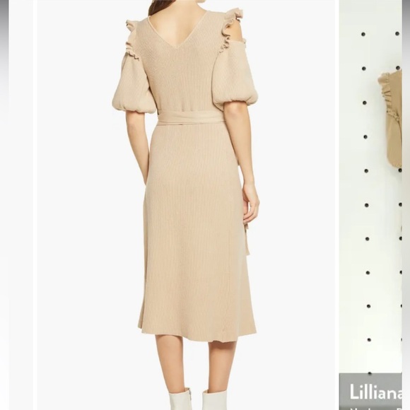 Never Fully Dressed ruffle cold shoulder wrap tie knitted midi dress in camel - Picture 3 of 8